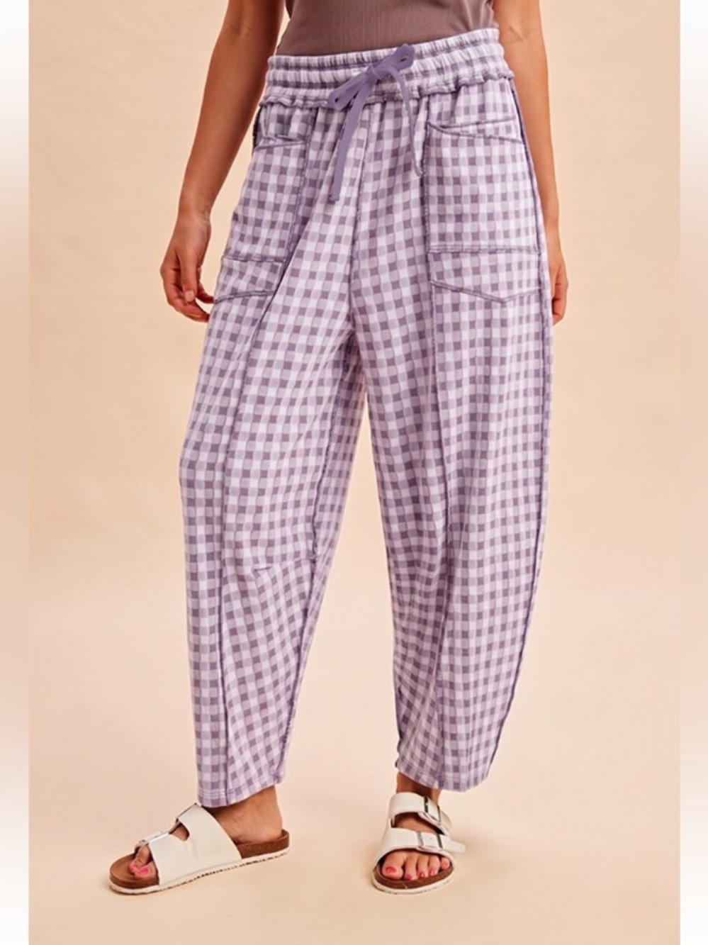 Lavender Gingham Barrel Fit Knit Pants